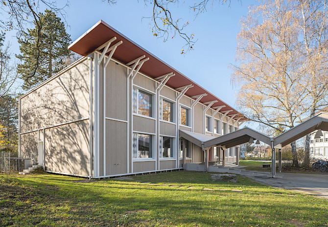 Schulhausprovisorium, Seidenberg, Muri b. Bern, Fassade Nord, Fassade Ost